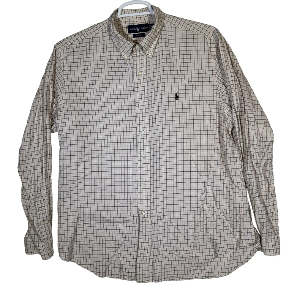 Ralph Lauren Shirt Mens XL Cream Tattersall Plaid Classic Fit Long Sleeve Pony